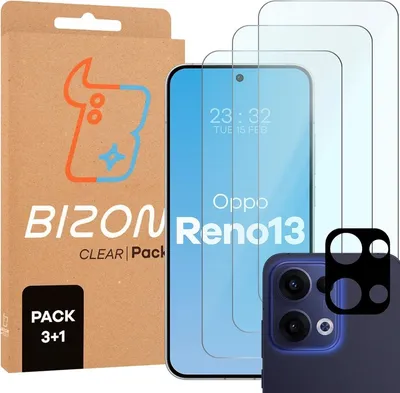 Produktbild von Bizon Glas Klar 2er Pack 3x gehärtetes Glas + 1x Linsenschutz für Oppo Reno13