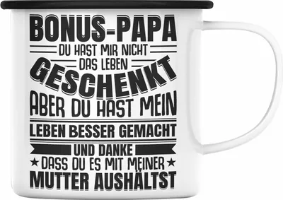 Produktbild von Trendation - Stiefvater Geschenk Emaille Tasse Vatertag Lustiger Spruch Bonus Geschenkidee Stiefpapa (Schwarz)