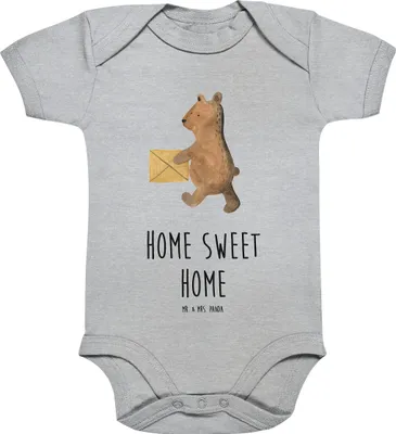 Produktbild von Mr. & Mrs. Panda Babybody Bär Zuhause 12. - 18. Monat - Heather Grey - Geschenk, babykleidung body, Einteiler, Strampler Baby, strampelanzug, Teddy