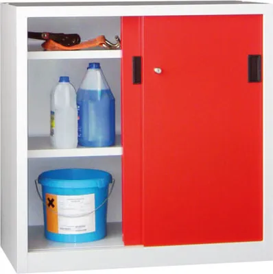 Produktbild von Schiebetürenschrank - Vollblechtüren - 1.000x1.000x600 mm (HxBxT) - 2 Böden, gepulvert - Zylinderschloss - reinorange/tiefschwarz