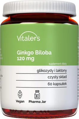Zdjęcie produktu dla Vitaler's Ginkgo Biloba 120 mg 60 kapsuek, wegaskie, suplementacja na 2 miesice Bez konserwantw, czysty skad