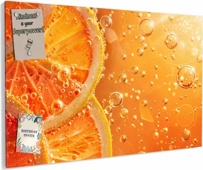Produktbild von Magnettafel 60 x 40 cm „Orangen im Sprudel“ – Magnetwand aus Metall, beschreibbar mit Whiteboard-Marker – Memoboard für Küche & Büro