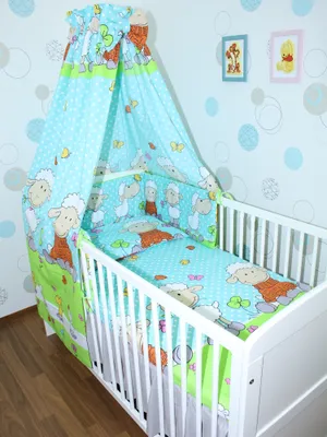 Produktbild von Primawela-Baby Bettwäsche Set- 5 teiliges Set mit Vollstoff Himmel Bettset Nestchen - 22.Schaf Türkis