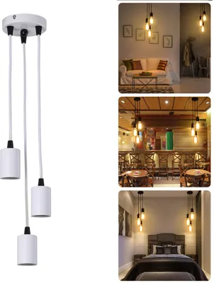 A collage of images showing a multi-bulb pendant light fixture in different settings, including a living room, a bar, and a bedroom.