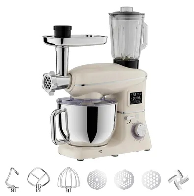 Produktbild von Multifunktions-Küchenmaschine - 6,5 l Standmixer & Knetmaschine - 1900 W - 6 Stufen - Schneebesen, Entsafter, Fleischwolf, Wurstfüller, Mixer - Weiß