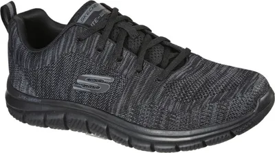 A black Skechers running shoe is shown from a side angle against a white background.