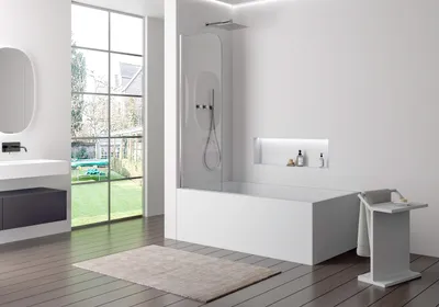 Produktbild von Schwenkbarer Badewannenaufsatz Duschabtrennung EX201 - Aluminiumprofil - Chrom - 6 mm - Nano Echtglas - 6 x 800 x 1400 mm