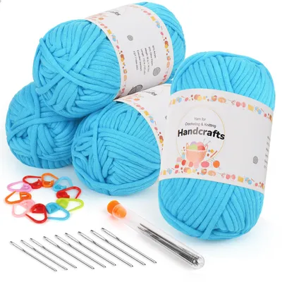 Häkelgarn-Set, 4 x 50 g, Baumwolle, mit Nadeln, Meeresblau