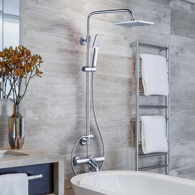 Image de Système de douche thermostatique, en laiton et acier inoxydable, finition chrome, 3-en-1 : douche de pluie, douchette à main