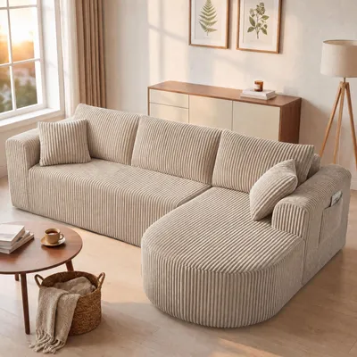 Obrázok produktu pre COMHOMA Rohová sedačka s možnosťou rozloženia na lôžko, 263 cm, corduroy, modulárna, bez kostry, s chaise longue, rohová sedačka s možnosťou rozloženia na lôžko, modulárne sedačky s vankúšmi a bočnými vreckami