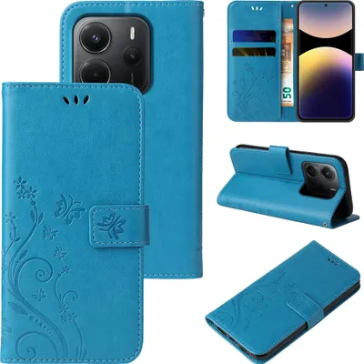 Produktbild von Handyhülle für Xiaomi Redmi Note 14 Floral Blumen Schmetterling Flip Cover Hülle Case Klapphülle Handytasche Farbe: Blau