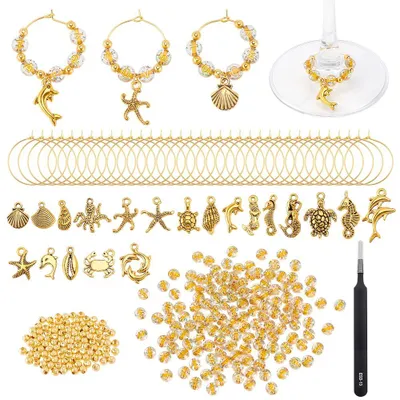 60 Weinbecher-Anhänger-Set, Ozean-Motive, Gold, Alphabet-Perlen