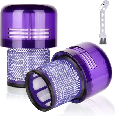 Two purple vacuum cleaner filters and a cleaning brush are displayed against a white background.