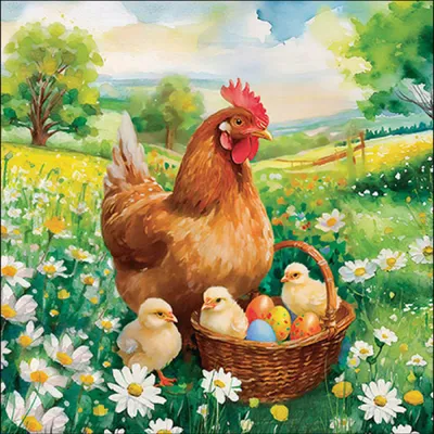 Produktbild von Servietten Papier 33x33cm 3-lag. mit Huhn & Küken Motiv 20 Stk.