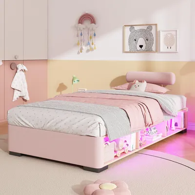 Obrázek produktu pro Postel pro mládež okwish, rozměry 90x200 cm, s bočním regálem a LED osvětlením, čalouněná postel s velkým úložným prostorem, dětská postel v růžové barvě, bez matrace