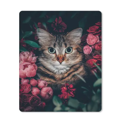 Produktbild von MuchoWow® Mauspad Mousepad Katze - Blumen - Tiere - Botanisch 19x23 cm - Mousepads - Maus Mat - Pad - Mausunterlage - Mauspads - Spielen