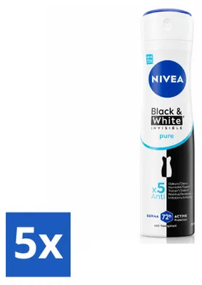 Imagen del producto de 5 unidades de desodorante en spray NIVEA Black & White Invisible Pure, 150 ml cada uno. Paquete económico