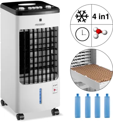 Image de MONZANA® Rafraîchisseur d’Air Mobile 3,5L 4en1 avec Télécommande – Climatiseur Évaporatif 330 m³/h, Ventilateur, Humidificateur, Purificateur & Ioniseur – 3 Vitesses, 4 Blocs Réfrigérants Inclus