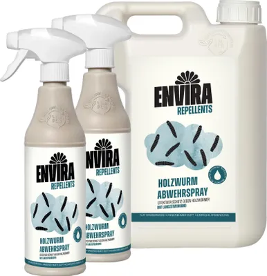 Produktbild von Envira Holzwurm Abwehrspray 2 x 500ml + 2L - Spray mit Langzeitwirkung gegen Holzbock & Holzwurm