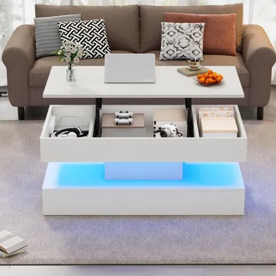 Image de OKWISH Table Basse Relevable avec LED et Rangement Caché - Table de Salon Moderne, Système Hydraulique, Panneau de Particules, Blanc, 100×50×42 cm