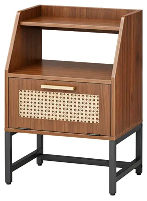 Beistelltisch mit Klapptür, Rattan-Optik, 40x30x60 cm, Walnuss/Schwarz