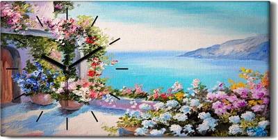 Produktbild von Küchenuhr Bürouhr Leinwand Uhr Geräuschlos 60x30 Malerei Haus Blume Berg Wasser - schwarze Hände