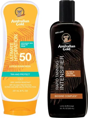 Productafbeelding van Australian Gold zonnebrandlotion SPF50 + Rapid Tanning Intensifier bruiningslotion Bruiningsset
