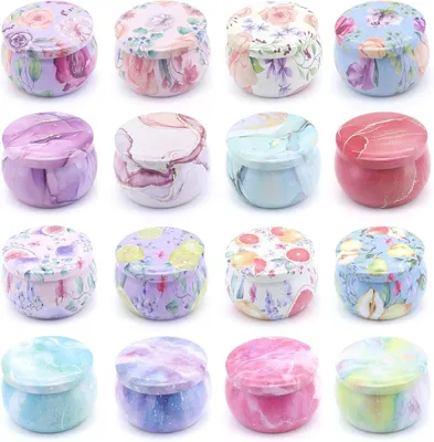 Imagen del producto de 16 latas para velas, ideales para hacer velas. Cada lata tiene una capacidad de 118 ml. Son latas de metal vacías con tapas, perfectas para almacenar productos secos como hierbas y caramelos