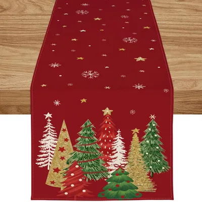 Obrázok produktu pre Vianočná obruska, 40x240 cm, červená, s motívom vianočných stromčekov a snehových vločiek
