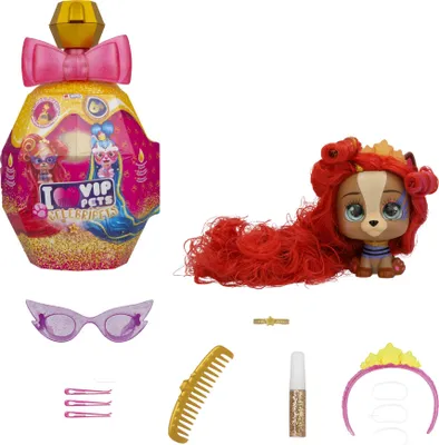 A toy set including a perfume bottle-shaped container, a dog toy with long red hair, and various accessories.