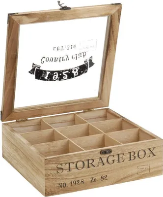 Produktbild von ToCi Teebox Holz Natur mit 9 Fächern | Quadratische Teekiste Teedose Teebeutel Box Aufbewahrung | 24 x 24 x 8,5 cm (LxBxH) | Storage Box im Retro-Look