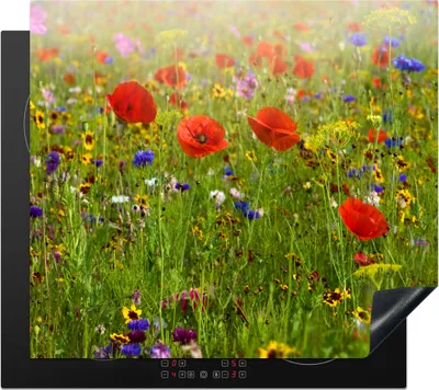Produktbild von KitchenYeah© Herdabdeckplatte Frühling - Blumen - Rot - Mohn - Gras - Grün , 57x51cm, Küche Deko, Glaskeramikkochfeld Herdabdeckung, Abdeckplatte fùr Kochfeld