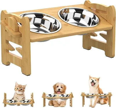 Produktbild von Höhenverstellbarer Futternapf aus Bambus, 6 Höhen & 15° Neigung, 2 Edelstahlnäpfe, Ergonomische Futterstation für Hunde & Katzen