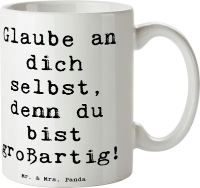 Produktbild von Mr. & Mrs. Panda Kaffeetasse Spruch Selbstvertrauen stärken - Weiß - Geschenk, Keramikbecher, Tasse, innere Stärke, Trost, Zuversicht, Inspiration, du bist großartig