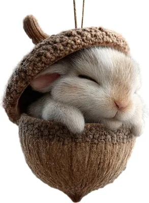 A cute, sleeping bunny nestled inside a crocheted acorn ornament.