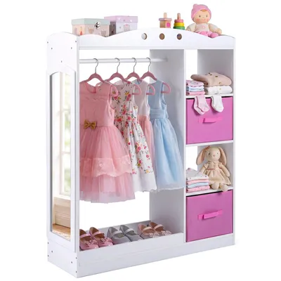 Produktbild von COSTWAY Kindergarderobe mit Spiegel, Kinder Kleiderschrank aus Holz mit Regalen, Kleiderstange und klappbaren Stoffschubladen, Kinderschrank, Weiß