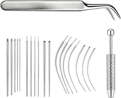 Productafbeelding van Piercingset 20 stuks met 18 naalden, piercing bal opdraaier en pincet tapers wisselhulp set gereedschap voor oor
