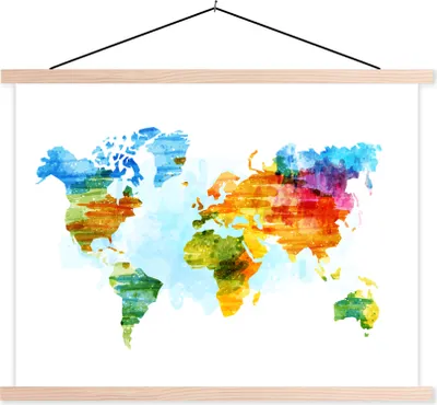 Produktbild von MuchoWow® Textilposter Weltkarte - Wasserfarben 150x113 cm mit holzfarbenen Rahmen - Poster