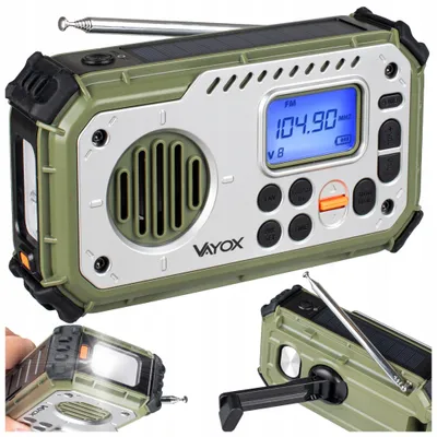 Zdjęcie produktu dla Vayox VA0440 Solar radio – radio zasilane własną energią z korbką i latarką LED, radio awaryjne AM/FM, dynamik z korbką ręczną, powerbank z Bluetooth, IPX4, zielono-szare