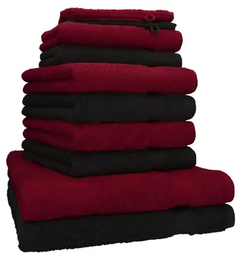 Produktbild von Betz 10-tlg. Handtuch-Set PREMIUM 2 Duschtücher 4 Handtücher 2 Gästetücher 2 Waschhandschuhe  Farbe:  dunkel rot & schwarz