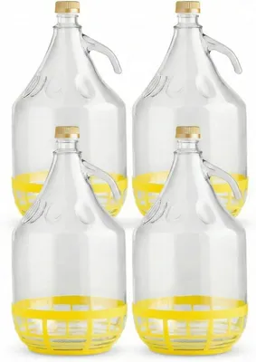Produktbild von 4 x 5L Glasballon (Gallone) mit Schutzkorb, Schraubverschluss & Henkel - Glasflasche für Wein, Gärung & Saft - EU-Qualität