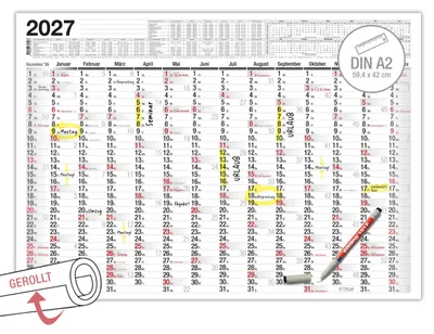 Produktbild von DIN A2 Wandkalender 2027 Abwischbar Gerollt mit 1 Edding – 14 Monate Querformat Feucht Abwischbar