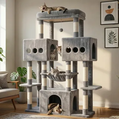Imagen del producto de Árbol para gatos estable, de 146 cm de altura, con 3 plataformas y 2 casas para gatos, ideal para interiores