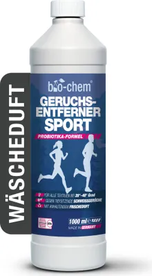 Produktbild von bio-chem Geruchsentferner & Wäscheduft Sport 1000 ml - Effektiv gegen Schweiß Geruch aus Wäsche & Kleidung - Probiotischer Waschzusatz für Outdoor-, Sport- & Funktionskleidung - Inkl. Messbecher