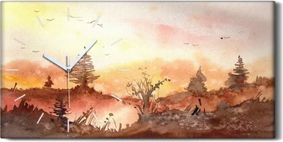 Produktbild von Wandkunst Leinwand Bild Uhr Geräuschlos 60x30 Gemälde Aquarelle Wald Bäume Kunst - weiße Hände
