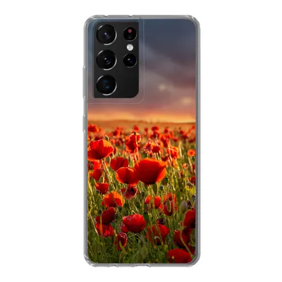 Produktbild von MuchoWow® Handyhülle Schutzhülle Hülle für Samsung Galaxy S21 Ultra Sonnenuntergang über einem Feld von Mohnblumen Silikon Softcase Handy Hülle - Mobiltelefon