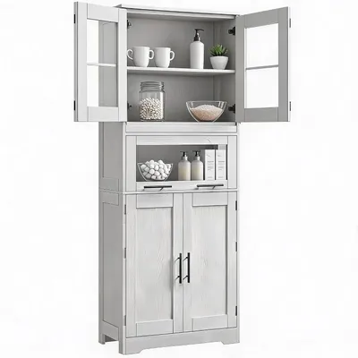 Image de Armoire de salle de bain - Grand meuble de rangement de 170 cm - 4 portes avec vitrage - Étagères réglables - Tiroirs - Autoportant - Blanc