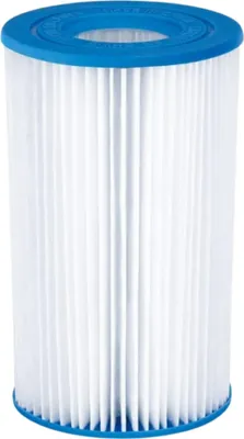 A white pleated filter cartridge with a blue top and bottom rim, isolated on a white background.