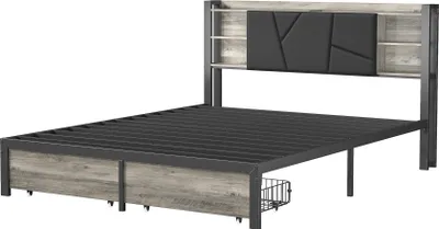 Zdjęcie produktu dla Łóżko podwójne 140x200 cm, metalowe, z oświetleniem LED i funkcją ładowania USB, łóżko tapicerowane z 2 szufladami, czarne