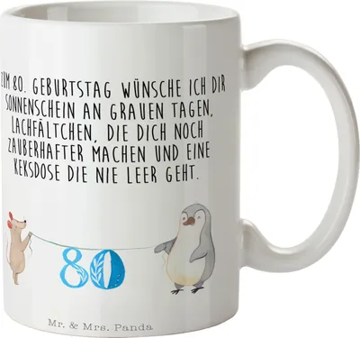 Produktbild von Mr. & Mrs. Panda Trinkbecher 80. Geburtstag Maus Pinguin - Weiß - Geschenk, Kaffeetasse, Kaffeebecher, Happy Birthday, haferl, Tasse, Becher, Pott, Kuchen